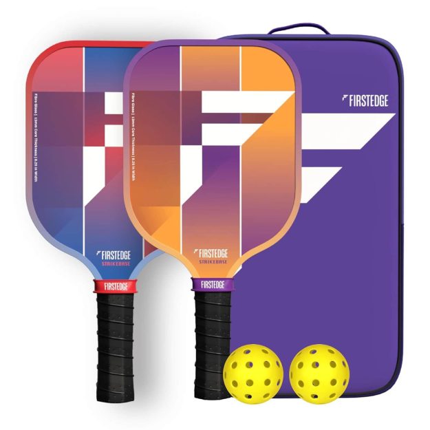 FirstEdge StrikeBase Fibreglass Pickle Ball Rackets (Set of 2) _ Wide Body Pickleball Paddle _ Grit Painted Surface _ Dual-Tone Edge Guard _ Lightweight (Includes 2 Paddles 2 Balls & Cover)